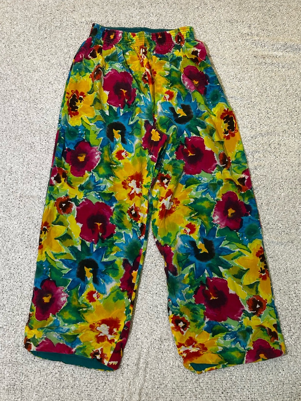 Handmade Silk One of a Kind Floral & Green wide leg Reversible Pants Size S